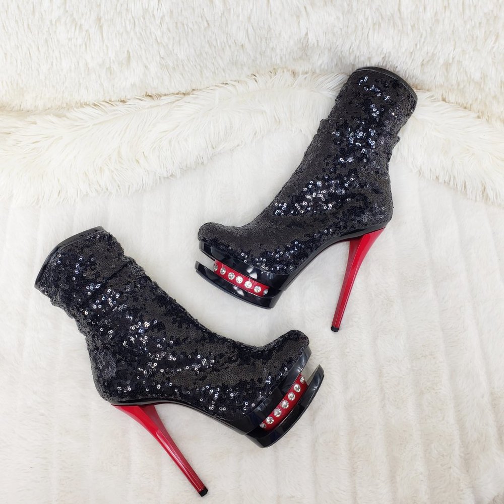 Pleaser Sexy Black Sequin Red High Heel Slouch Ankle Boots Blondie 1009 - Picture 4 of 15